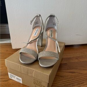 Steve Madden Silver Crystal Block Heel Sandals